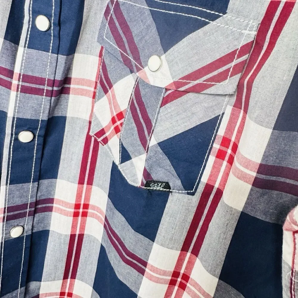 Coastal Men Sz L Button Up Shirt Large Red Navy Plaid Flannel Long Sleeve Collar